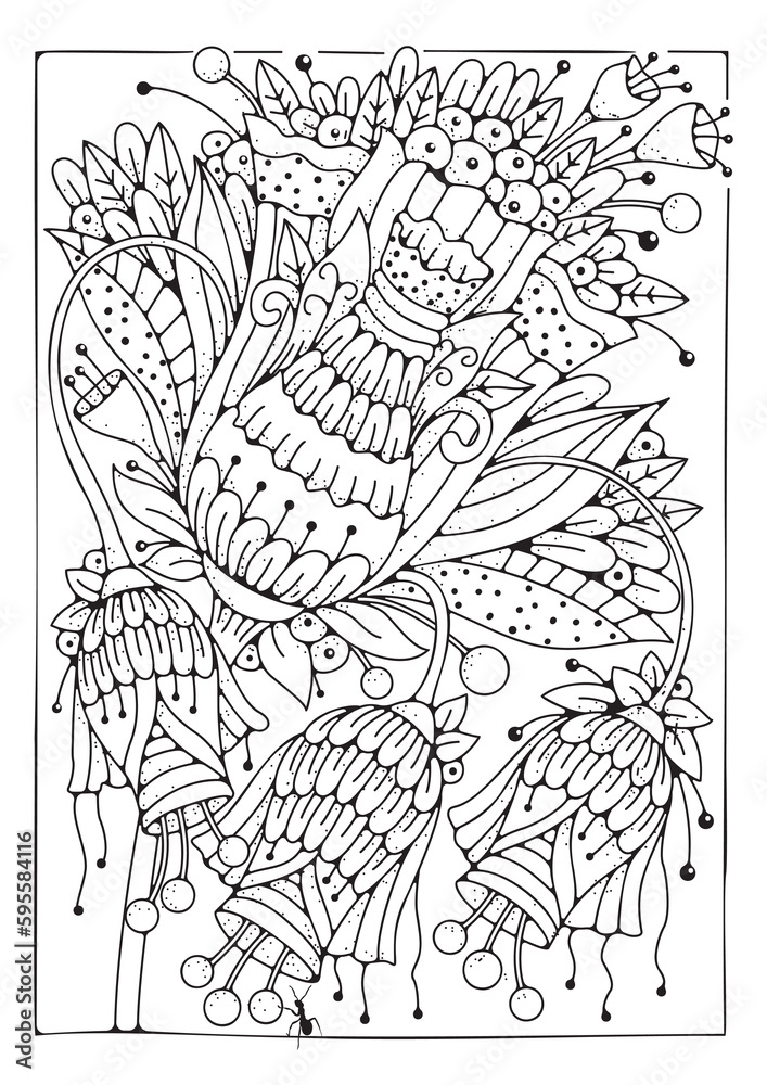 Coloring book page for children and adults. Black and white flowers for ...