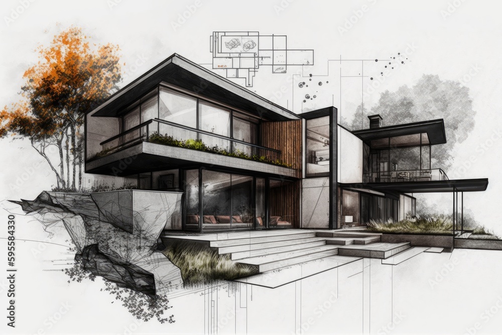 sketch of modern house, with details and elements highlighted in black, created with generative ai