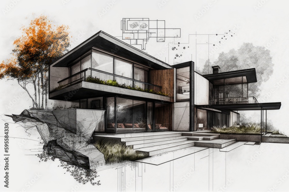 sketch of modern house, with details and elements highlighted in black, created with generative ai sketch of modern house, with details and elements highlighted in black, created with generative ai