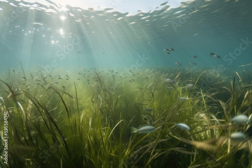 tropical seagrass meadow, with schools of fish swimming among the plants, created with generative ai © Natalia
