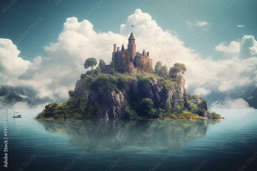 Fantasy backdrop of floating island with castle in the clouds. Generative AI