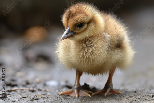 close-up of fluffy chick, with its tiny beak and feet in view, created with generative ai