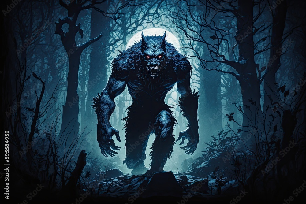 Fototapeta premium werewolf prowling through moonlit forest at night, created with generative ai