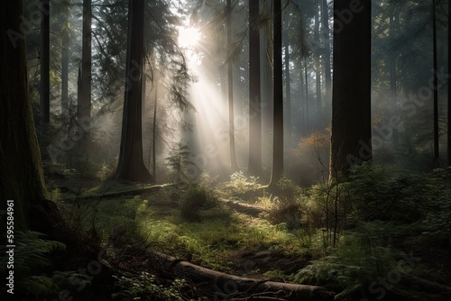serene forest, with mist rising from the ground and sunlight filtering through the trees, created with generative ai
