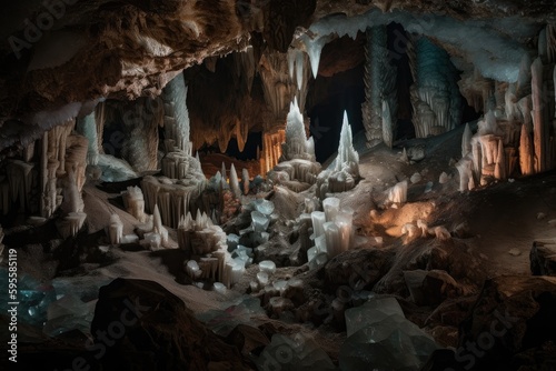 cave with glittering formations of minerals and crystals, created with generative ai