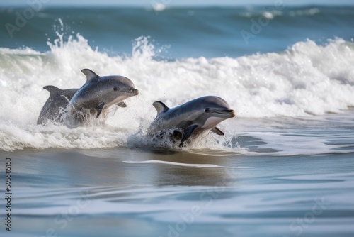 group of baby dolphins playing and jumping in the waves, created with generative ai