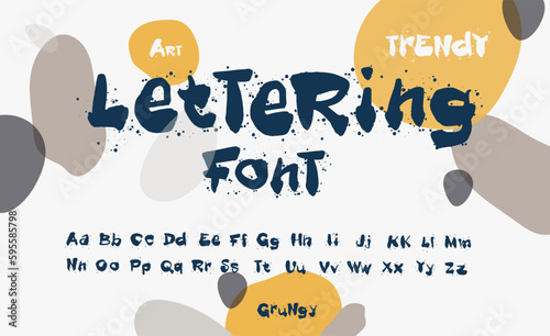 Letters are made with a large brush with splashes. Lettering font with spray paint texture with mis-printed overspray. Highly detailed vector textures. Original, unique design font. Vector Rough Font.