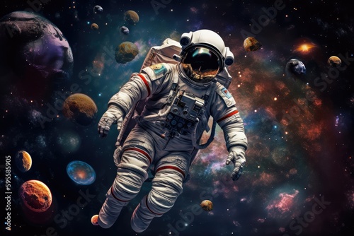 astronaut, floating in the void of space, with planets and stars visible in the background, created with generative ai