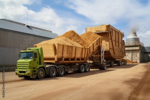 biomass being transported to energy processing plant for conversion into renewable energy  created with generative ai
