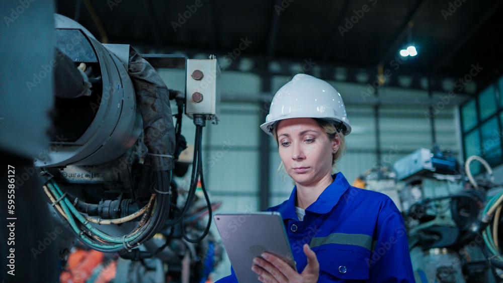 Professional maintenance female engineer, technician worker using tablet computer checking control machine in factory. Professional maintenance female engineer, technician worker using tablet computer checking control machine in factory.