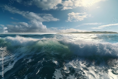 Large waves break into spray. Generative AI.