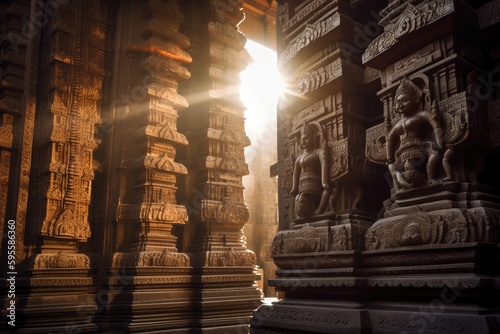 close-up of hindu temple's intricate carvings and designs, with sunbeams shining through the windows, created with generative ai
