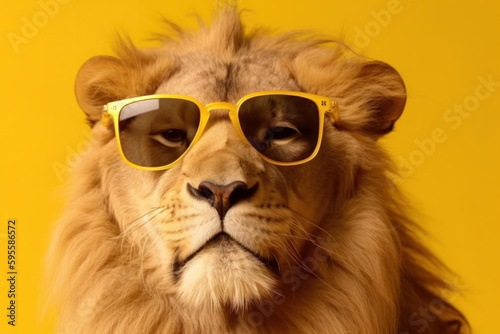 A lion with a vibrant personality and a love for fashion wears sunglasses against a bright and bold background. He is a symbol of strength and courage, and an inspiration to all. AI Generative.