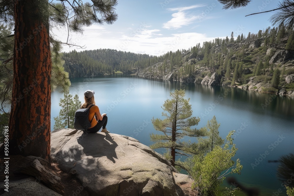 person, taking a break from the trail and enjoying the view of a lake, created with generative ai