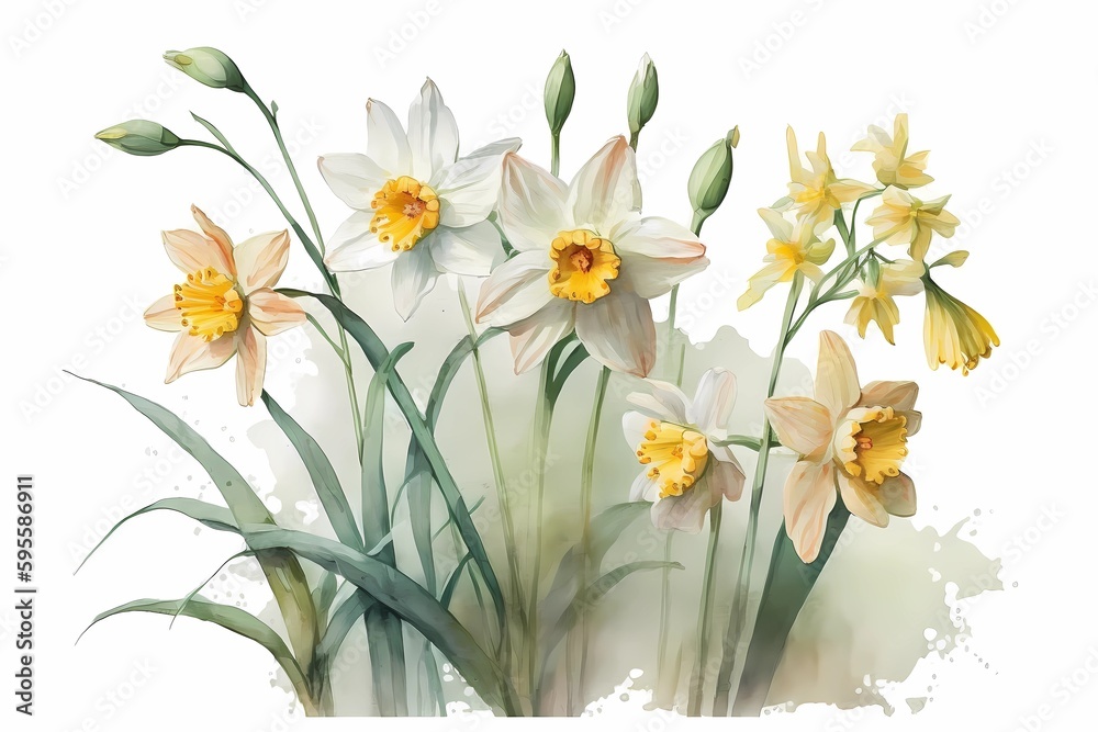 Daffodil flowers. Narcissus flower in bloom, blossom in white and yellow color. Watercolour illustration, drawing isolated on white background. Generative Ai.