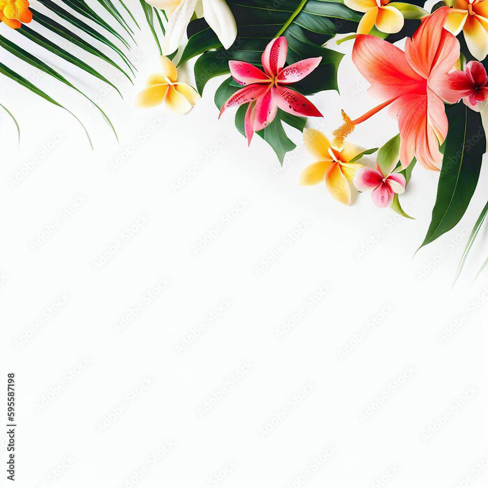 Tropical Flowers on White Background, Generative Ai.