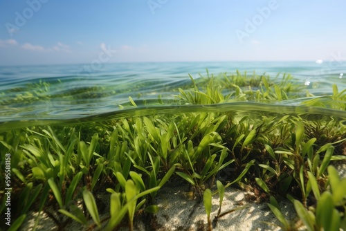 close-up of aquatic plants and seagrasses, with view of water surface in the background, created with generative ai