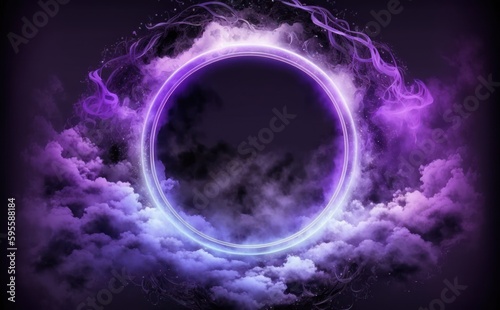 Neon circle frame with smoke cloud, glowing gradient ring with colorful fog and double border