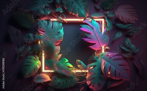 Neon lights frame surrounded with leaves photo