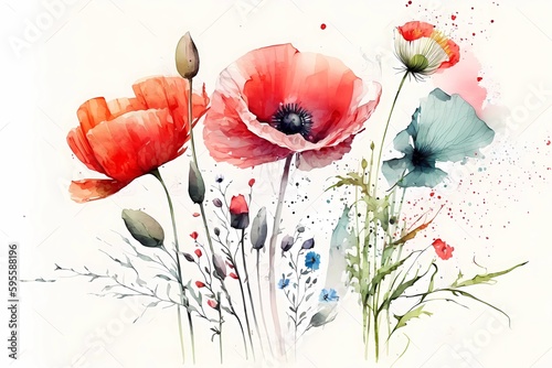 Beautiful poppy flower, poppies in bloom, red color. Watercolor illustration, drawing isolated on white background. Generative Ai.