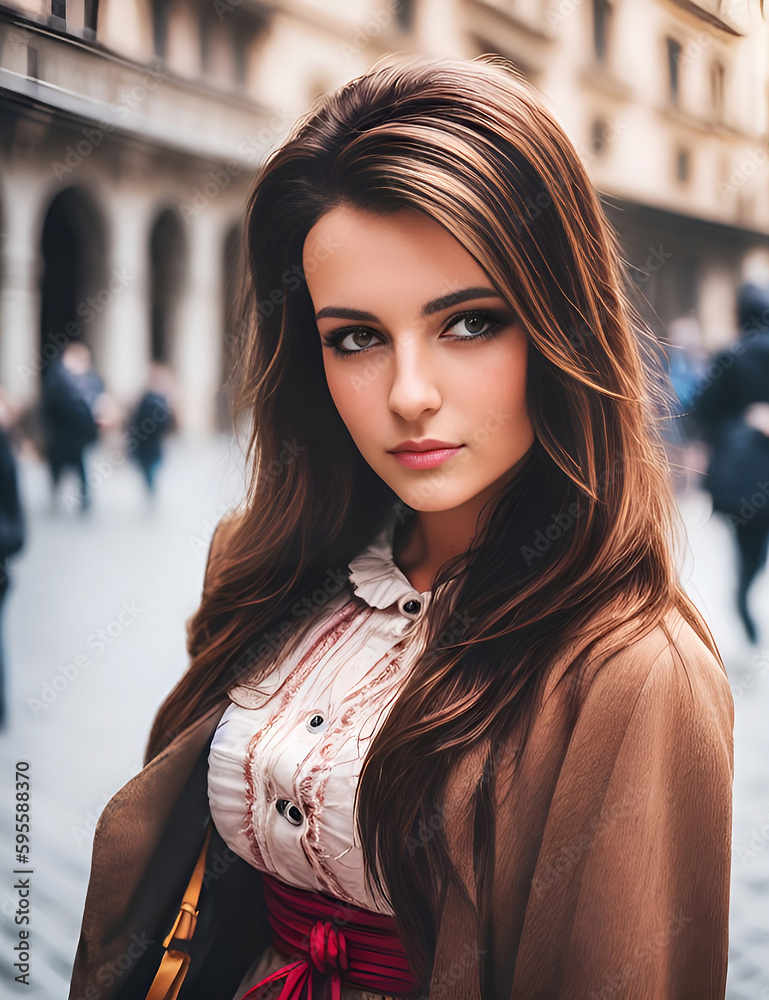 Fototapeta premium A young woman tourist, walks in the streets of milano, generative ai