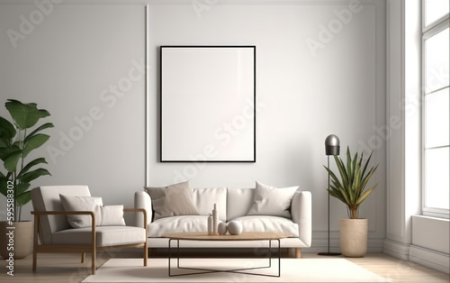 Modern living room with counter  with empty canvas or wall decor with frame. Mockup