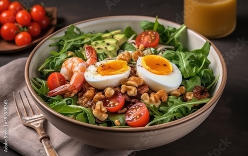 Breakfast, snack bowl cherry tomatoes, arugula salad with boiled egg and fried shrimp