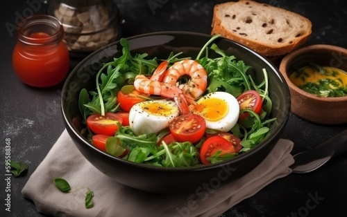 Breakfast, snack bowl cherry tomatoes, arugula salad with boiled egg and fried shrimp
