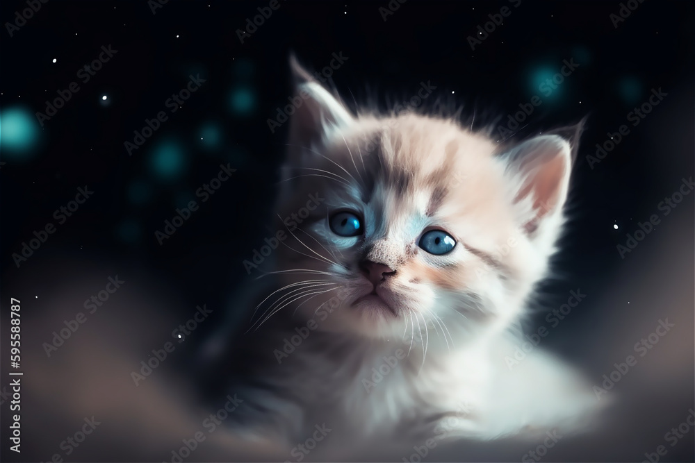 Close-up portrait of cute small kitten with dark background. AI generated content Close-up portrait of cute small kitten with dark background. AI generated content