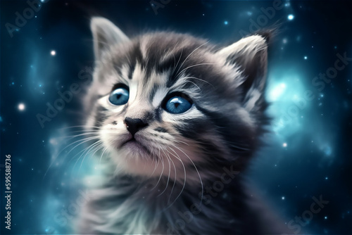 Close-up portrait of cute small kitten with dark background. AI generated content