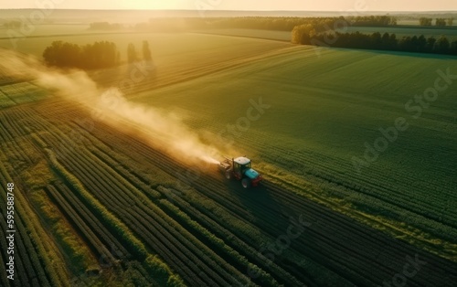 Farmer on a tractor spraying pesticides on a green soybean plantation at sunset