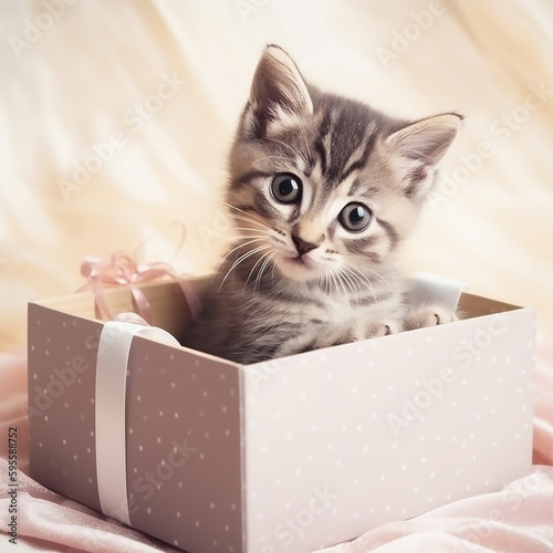 Cute kitten in a present box. AI generated content
