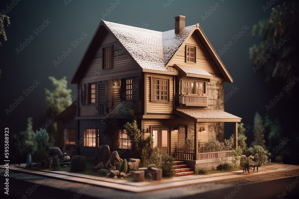 Small model house in real estate theme, created with 3D rendering technology. Generative AI