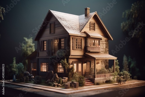 Small model house in real estate theme, created with 3D rendering technology. Generative AI