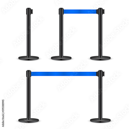 Realistic blue retractable belt stanchion. Crowd control barrier posts with caution strap. Queue lines. Restriction border and danger tape. Attention, warning sign. Vector illustration
