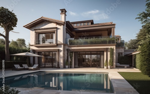 Luxury villa from outside with large pool. For inspiration or housing advertisement © Tisha