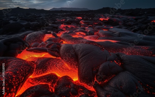 Background with glowing hot red molten lava after vulcanic eruption