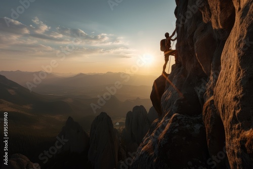 rock climber reaches the top of a challenging climb, overlooking vast and beautiful landscape, created with generative ai