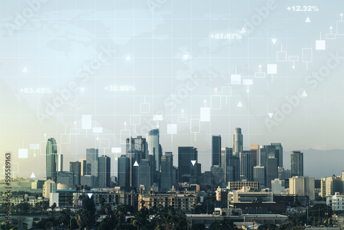 Abstract creative financial graph interface and world map on Los Angeles skyline background, forex and investment concept. Multiexposure