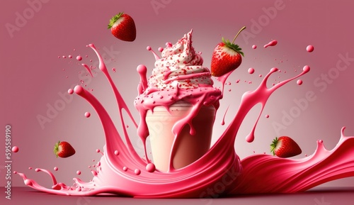 A strawberry milkshake with strawberries on top photo