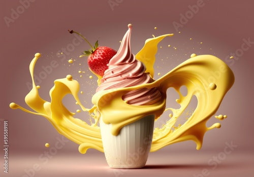 A strawberry milkshake with strawberries on top