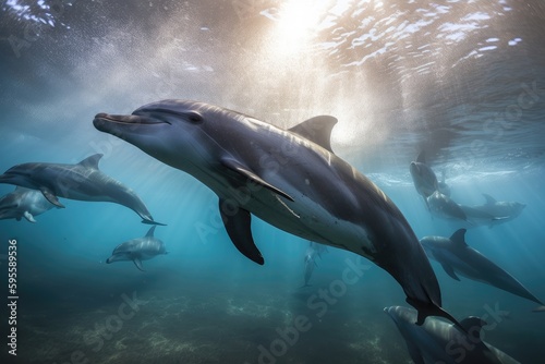 swimming with dolphins in a protected marine environment, created with generative ai © Natalia
