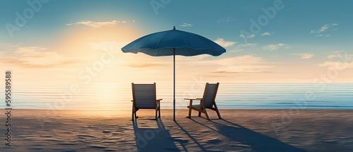 An artistic rendering of a tranquil beach scene, featuring a single striped beach umbrella and two empty chairs on the sand, generative Ai