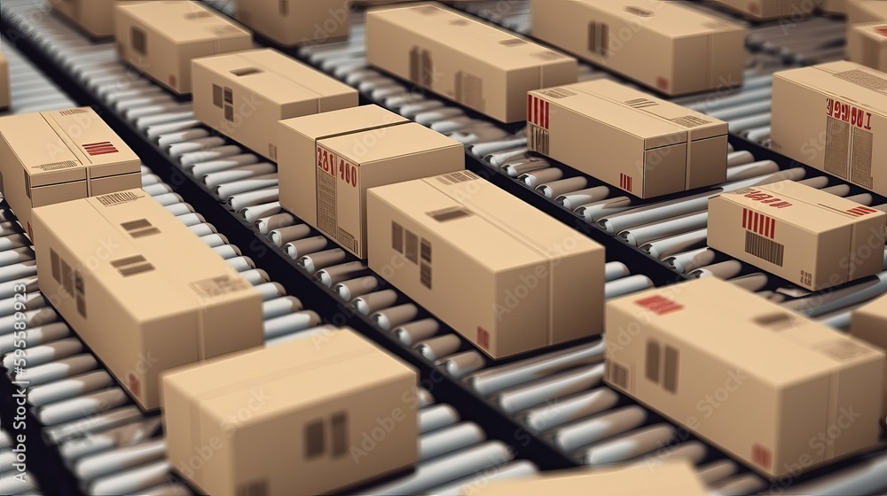 Cardboard boxes on conveyor rollers ready to be shipped by courier for distribution Cardboard boxes on conveyor rollers ready to be shipped by courier for distribution