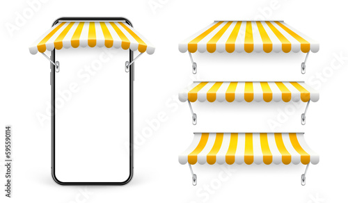 Smartphone with shop sunshade and metal mount, online internet shopping. Realistic yellow striped cafe awning. Outdoor market tent. Roof canopy. Summer street store. Vector illustration