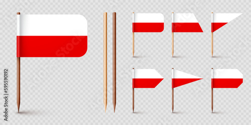 Polish toothpick flags. Souvenir from Poland. Wooden toothpicks with paper flag. Location mark, map pointer. Blank mockup for advertising and promotions. Vector illustration