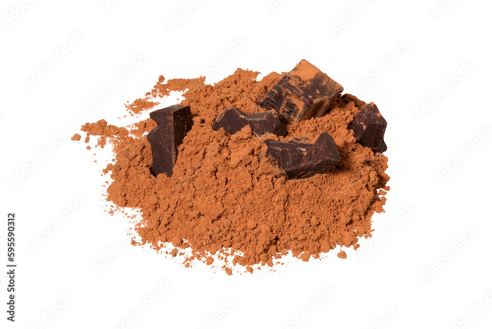 Dark chocolate bar and powder cocoa on white Dark chocolate bar and powder cocoa on white