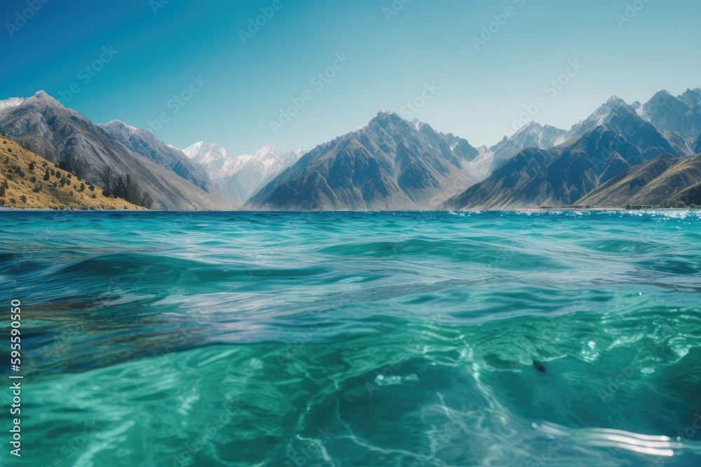 majestic mountain range in the background with clear blue waters, created with generative ai