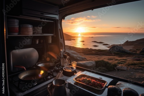 van cooking breakfast with view of the sunrise, created with generative ai photo