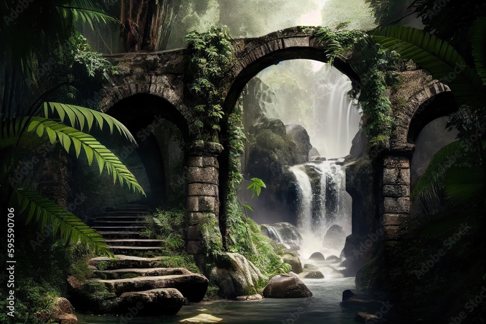 stone bridge, surrounded by lush greenery and cascading waterfall, in tropical paradise, created with generative ai
